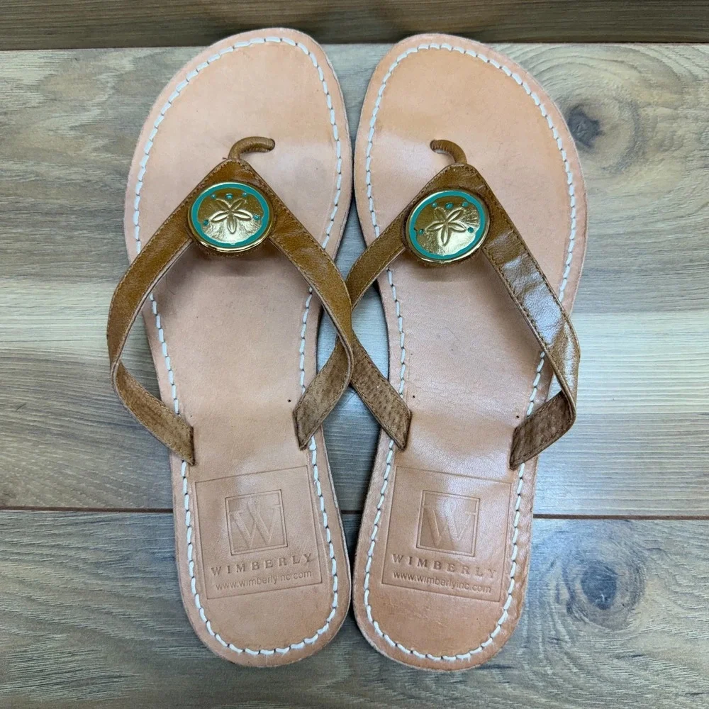 Wimberly Flip Flop Sandals Womens 8 Tan Leather Star Fish Medallion USA Made